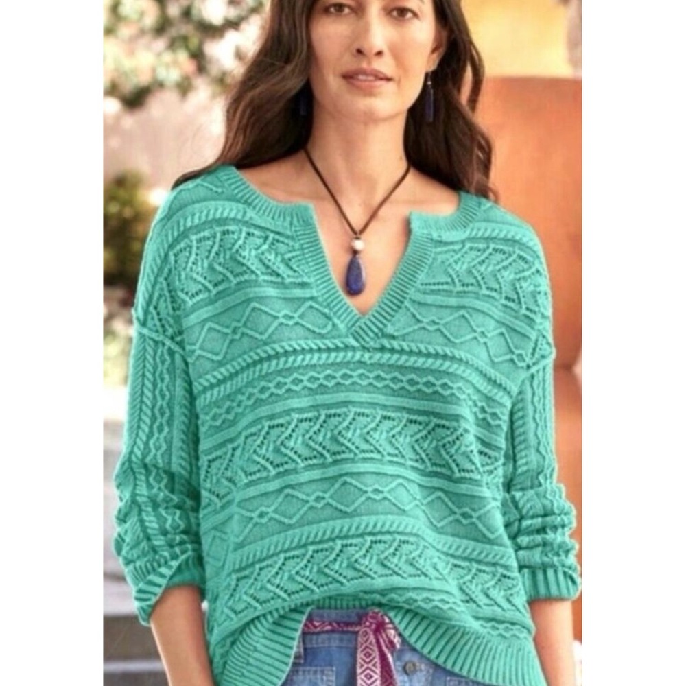 Sundance‎ Womens Teal Green Pointelle Cable Knit Split V-Neck Cotton Sweater S